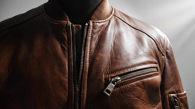 Brown leather bomber jacket on a mannequin