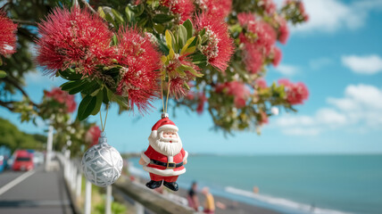 Blooming pohutukawa tree (Metrosideros excelsa) decorated with Christmas tree ball and Santa Claus toy on the beach against blue sky on a sunny day. Iconic New Zealand's native tree.
