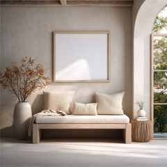Neutral bedroom interior with soft warm beige tones, wooden bench, cozy pillows, large vase, and sunlight through arched window