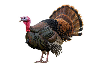 Adult turkey with vibrant iridescent brown and black feathers, fanned orange-brown tail, red wattle, blueish skin, standing proud on a transparent background for natural history concept