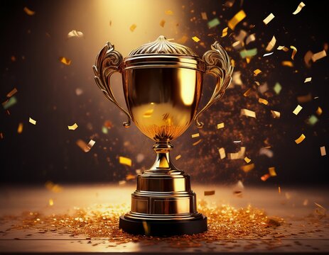 golden trophy with falling confetti - Powered by Adobe