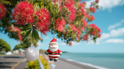 Blooming pohutukawa tree (Metrosideros excelsa) decorated with Christmas tree ball and Santa Claus toy on the beach on a sunny day. Iconic New Zealand's native tree. Season greeting card.
