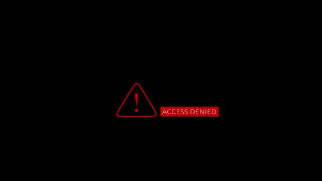 Cyber security alert with access denied video animation. Digital emergency security protection interface activation signal warning screen on a black background.