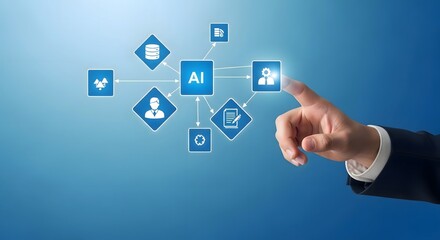 A hand interacting with an ai interface featuring icons representing data people and processes on blue background