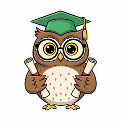 Cartoon Owl Wearing Green Graduation Cap Holding Diplomas.