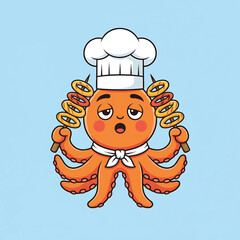 Cartoon Octopus Chef Yawning with Onion Rings.