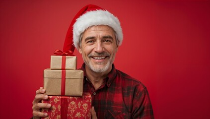 Smiling Senior Man in Santa Hat Holding Christmas Presents