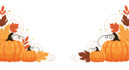 Autumn or Thanksgiving themed border design with pumpkins and fall leaves in the corners on a white background with copy space.