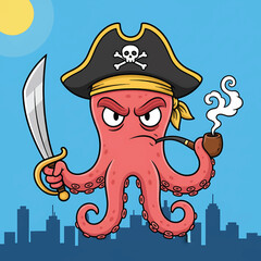 Cartoon Pink Octopus Pirate Holding Sword and Smoking Pipe.