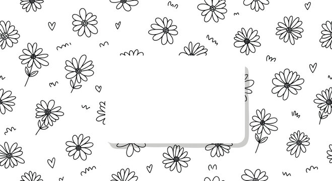 A charming background of hand-drawn daisy flowers with a blank central space for text perfect for cards and invitations.