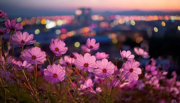 soft pink cosmos flowers gently sway against a blurred backdrop of twilight city lights