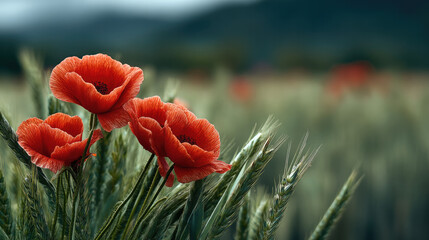 Red poppy flower in wheat field with soft focus background, vibrant color, natural countryside landscape, peaceful and serene mood