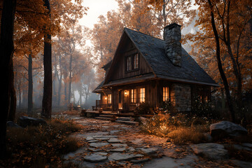Cozy wooden cabin surrounded by autumn forest tranquility