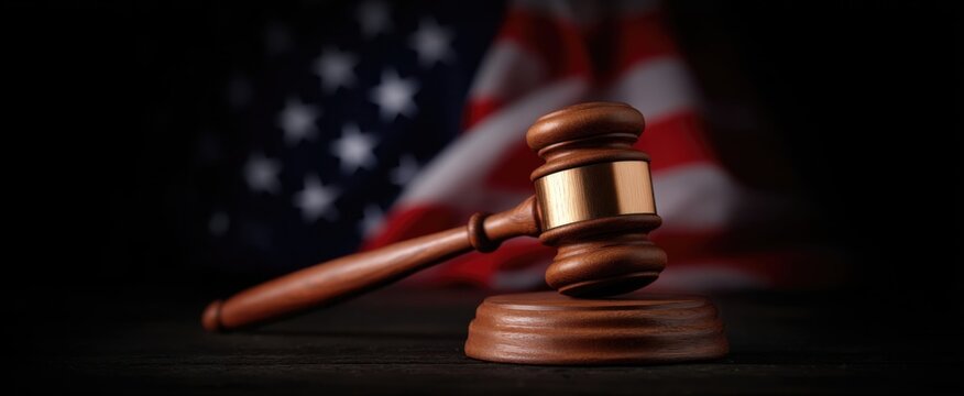A wooden judges gavel stands resolute against the American flag radiating solemnity and authority. - Powered by Adobe