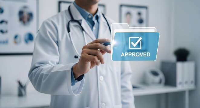 Doctor approving medical treatment with digital interface in hospital office