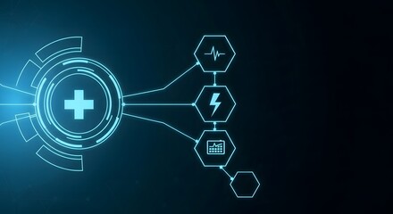 Digital healthcare network with medical symbols glowing on a dark background