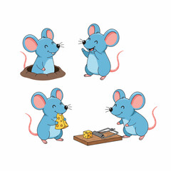 Cute Cartoon Blue Mice in Playful Poses and Scenes.