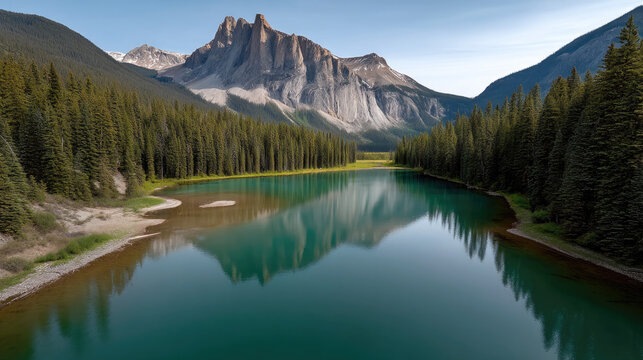 Emerald lake surrounded by dense forest, mountain reflection on calm water, peaceful natural landscape, clear sky, tranquil atmosphere