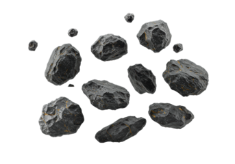 Multiple dark grey, jagged, textured natural rocks suspended and scattered against a transparent background with copy space, evoking weightlessness and raw power concept