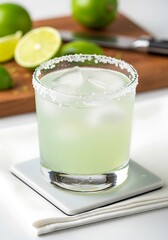 Refreshing margarita cocktail with salt rim and lime garnish close up