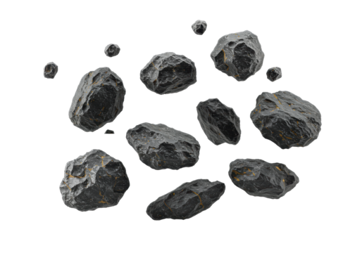 Multiple dark grey, jagged, textured natural rocks suspended and scattered against a transparent background with copy space, evoking weightlessness and raw power concept