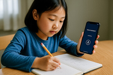 Little asian student using AI voice assistant on mobile phone while studying at home
