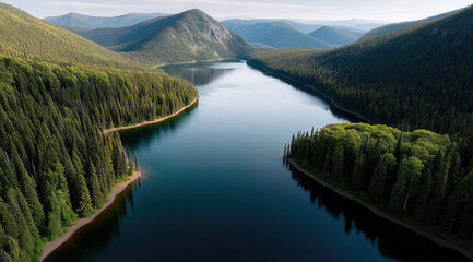 Emerald lake surrounded by dense forest, mountain landscape, calm water, peaceful nature, scenic view, summer day
