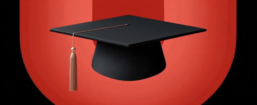 University celebration poster design highlighting a striking black mortarboard.