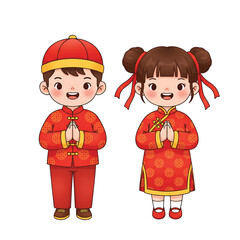 Happy Chinese Boy and Girl in Traditional Red Outfits Praying Together.
