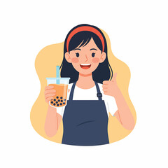 Smiling Woman Holding Bubble Tea Giving Thumbs Up.