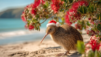 Cute kiwi bird wearing Santa Claus hat sitting under blooming pohutukawa tree (Metrosideros excelsa) on the beach on a sunny day. Iconic New Zealand's native tree and endemic bird.