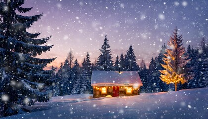Cozy winter cabin glows warmly amidst falling snow in enchanting forest scene