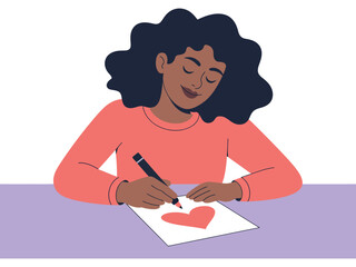 Woman with dark hair drawing a red heart on white paper with a black pen