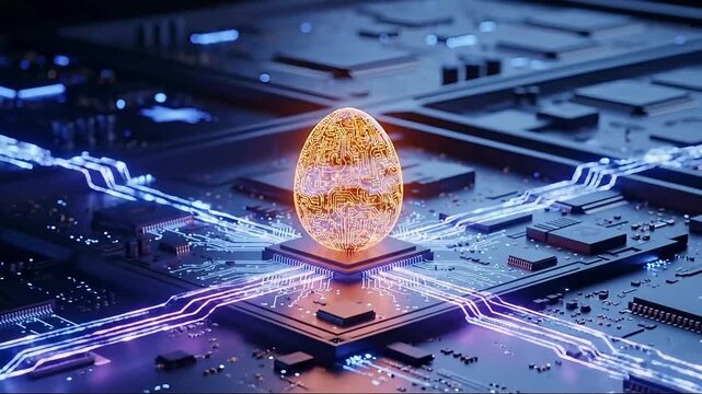 Tech egg glowing brightly on circuit board, futuristic innovation concept for Easter promotion or advanced technology design