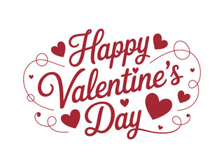 Happy valentine's day text with red hearts and decorative swirls on white