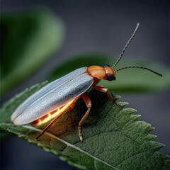 Side view firefly glowing on green leaf, close up insect detail, natural light, macro photography, vibrant colors