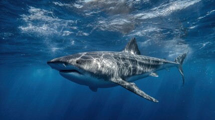 Naklejka premium Tiger shark swims gracefully beneath the sunlit waves showcasing its beauty in the ocean.