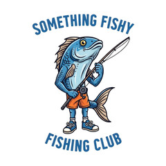 Fototapeta premium Cartoon fish wearing sunglasses and holding a fishing rod, standing on a surfboard, part of the something fishy fishing club isolated on transparent background