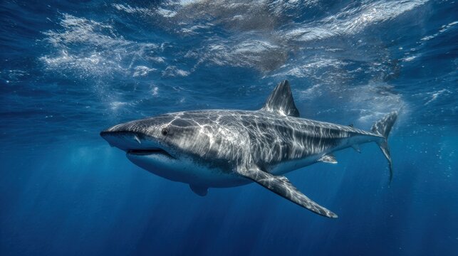 Tiger shark swims gracefully beneath the sunlit waves showcasing its beauty in the ocean.