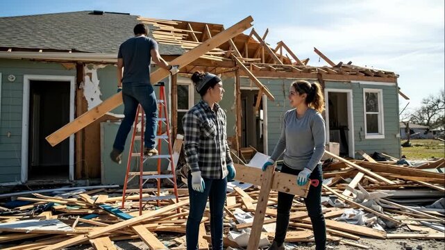 Man and two women helping to rebuild a house after disaster, collaborating on project with lumber and ladder in a natural disaster context.