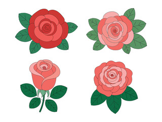 Four rose illustrations with varying shades of pink and green leaves