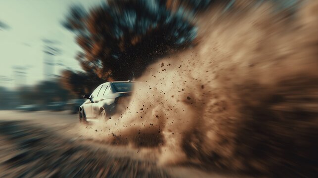 A sleek car speeds aggressively along a dusty road, kicking up clouds of dust and debris. The car's powerful movement creates a dynamic scene that captures the thrill of driving fa