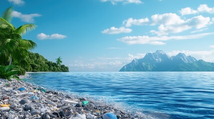 Pollution on Tropical Beach with Litter and Clear Blue Water Landscape
