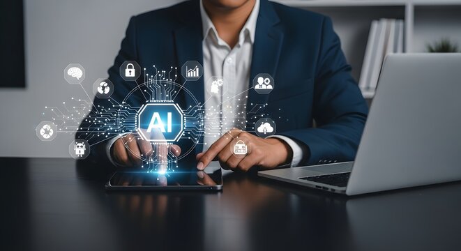 A man in a suit using a tablet with an ai interface overlay, next to a laptop on a dark surface table