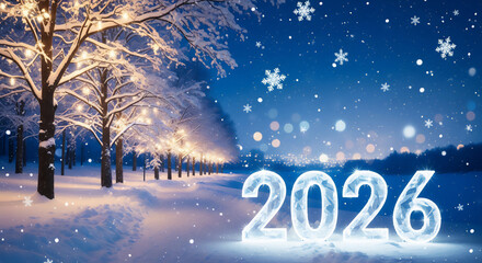 2026年を象徴する雪景色とイルミネーションの幻想的な冬の夜景
