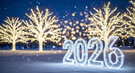 2026年の新年を祝う幻想的なイルミネーションと雪景色の冬の風景
