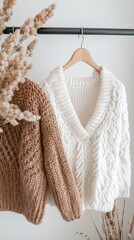 A collection of cozy knit sweaters hangs gracefully on a rustic wooden hanger, beautifully complemented by natural decor in an inviting interior setting
