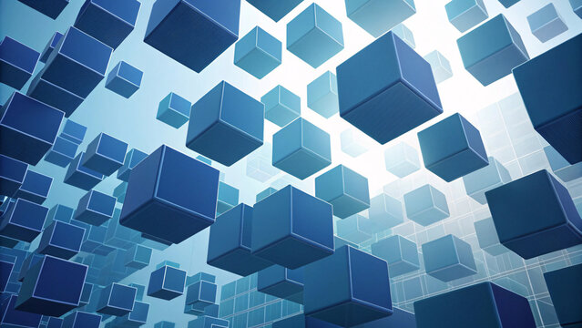 Fototapeta Blue 3D Floating Cubes – Futuristic Blockchain & Digital Technology Abstract Background