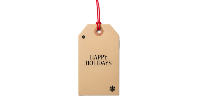 Beige tag with "Happy Holidays" and snowflakes on a red string. Perfect for Christmas branding, posters, or holiday sale promotions.