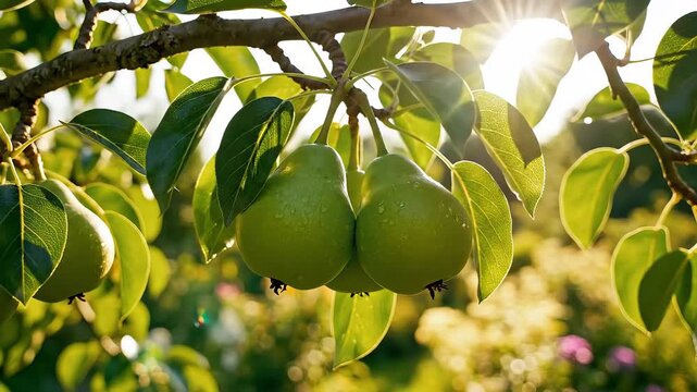 Green Pears Ripening on a Branch in the Sunlight.